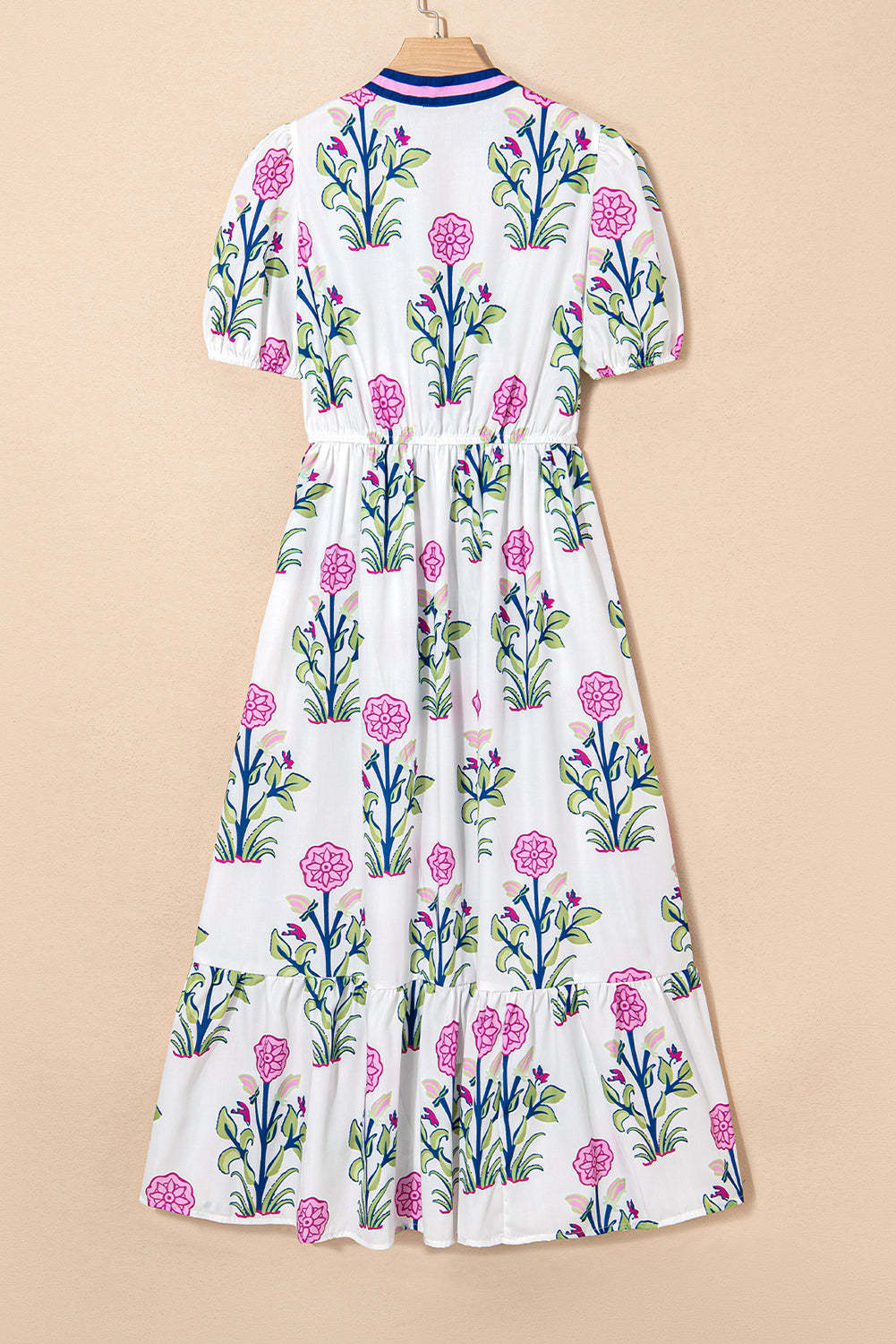 Julietta Floral Puff Short Sleeve V Neck High Waist Maxi Dress - Threaded Pear