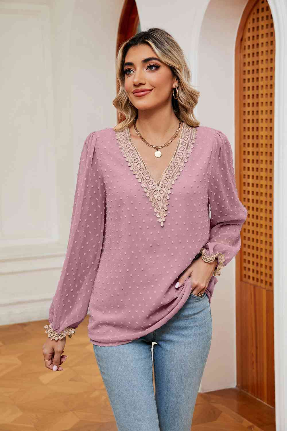 Swiss Dot Contrast V-Neck Blouse by VYSN