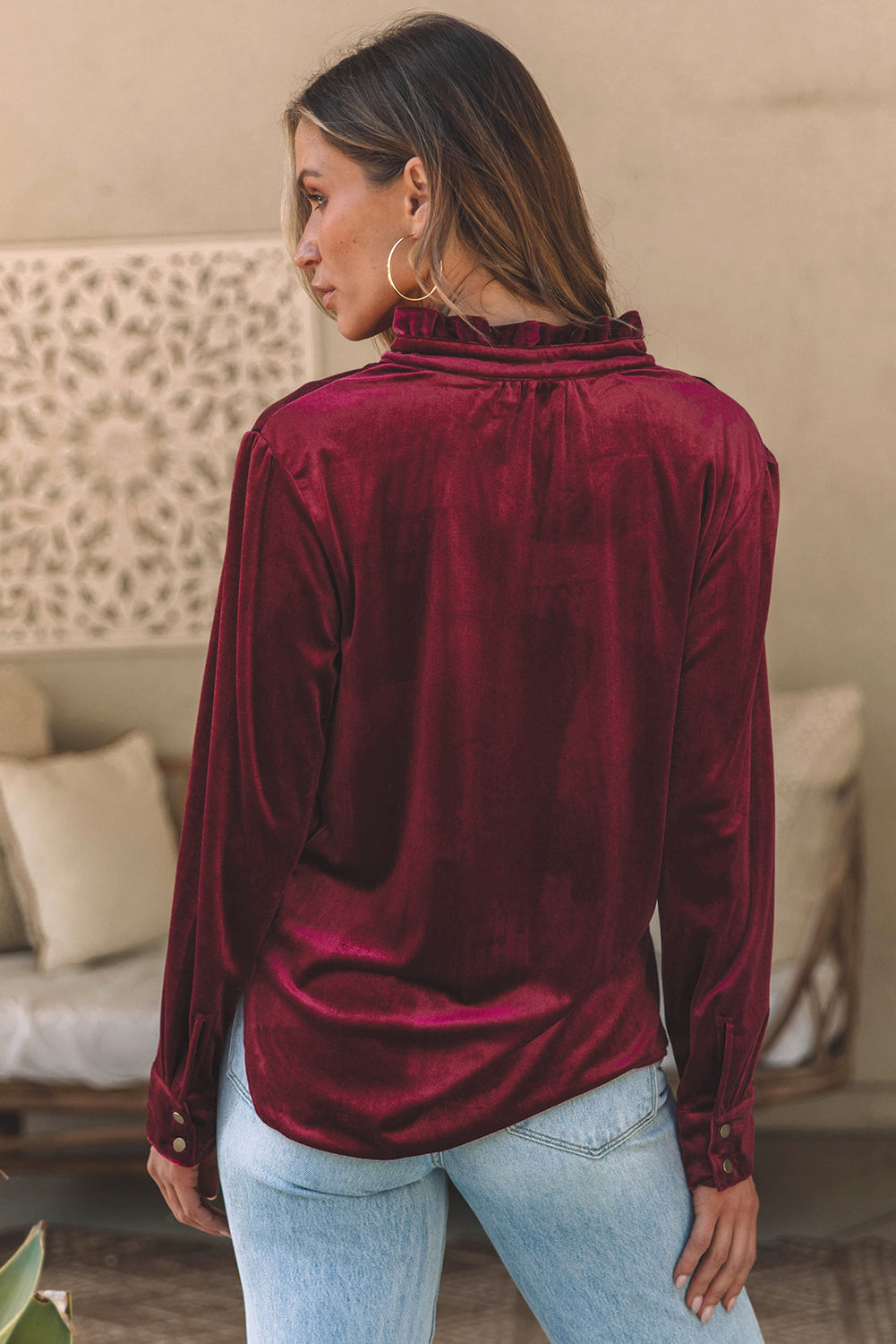 Gwynn Frilled Neck Buttoned Front Velvet Top - Threaded Pear