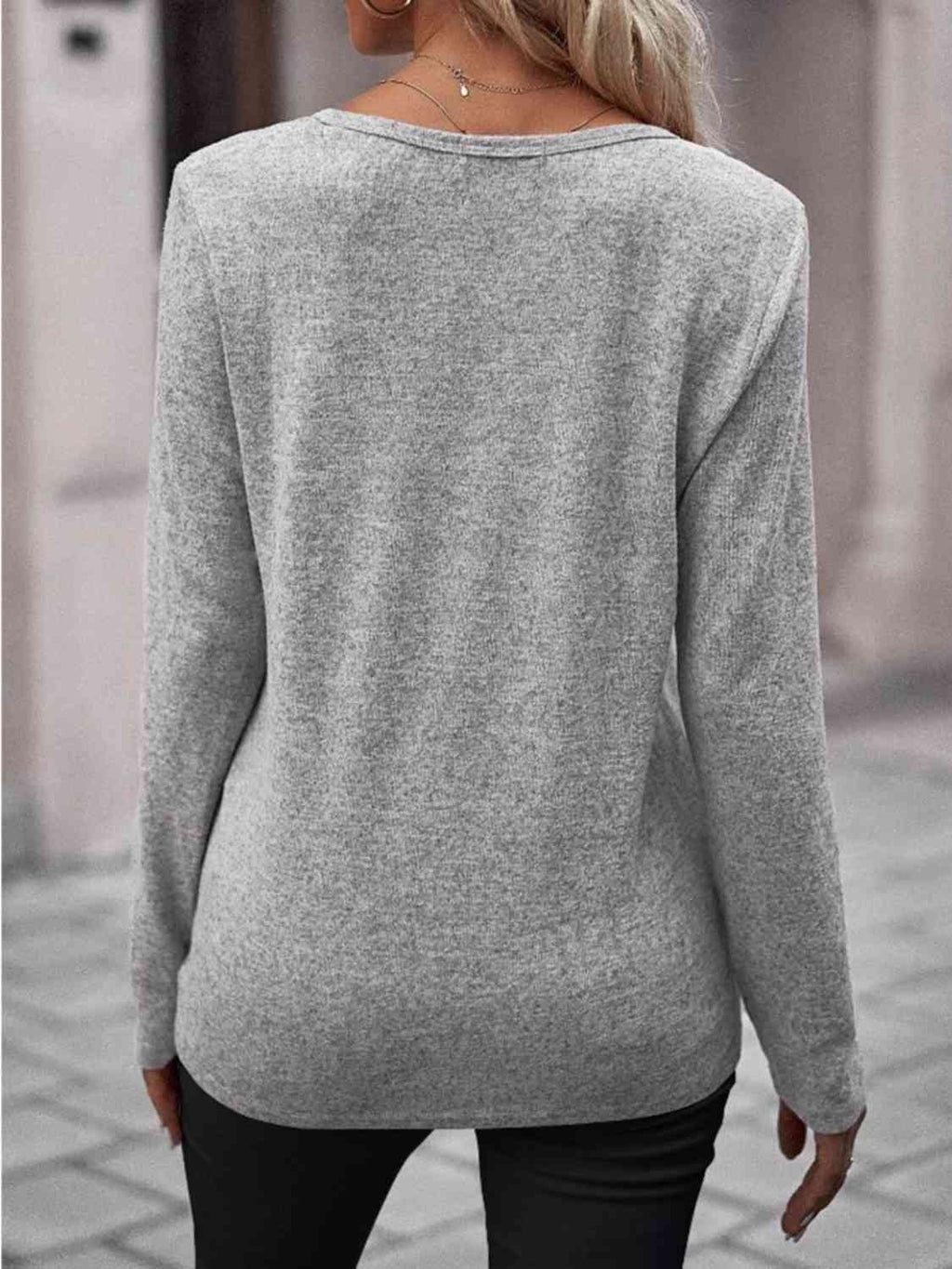 Round Neck Buttoned Long Sleeve T-Shirt by VYSN