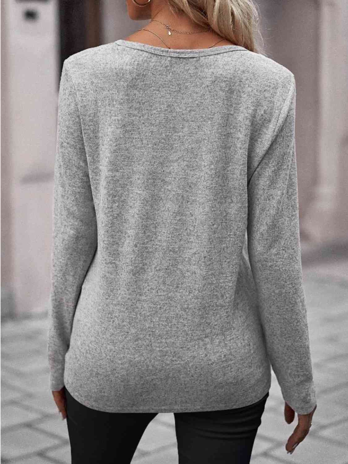 Round Neck Buttoned Long Sleeve T-Shirt by VYSN