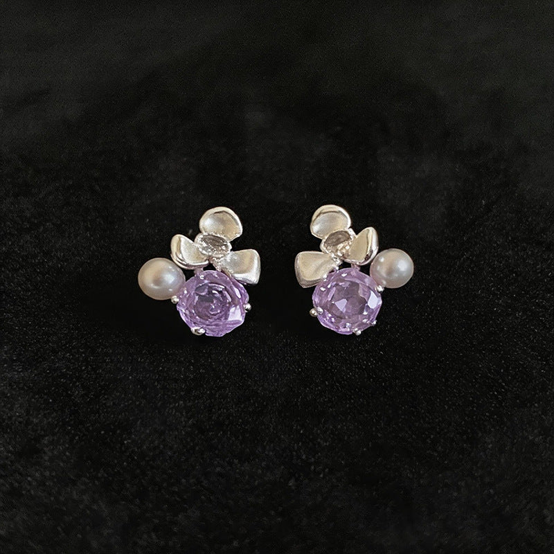 Women Flower Cubic Zirconia Pearl Stud Earrings,Fresh Sweet Light Luxury Delicate Dangle Earrings,Niche Design Fashion Daily Occasion Jewelry