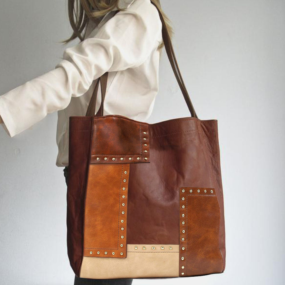 Brown Large PU Tote Bag with Rivets & Contrast Stitching