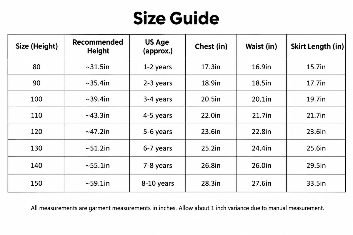 Flower girl dress size chart
