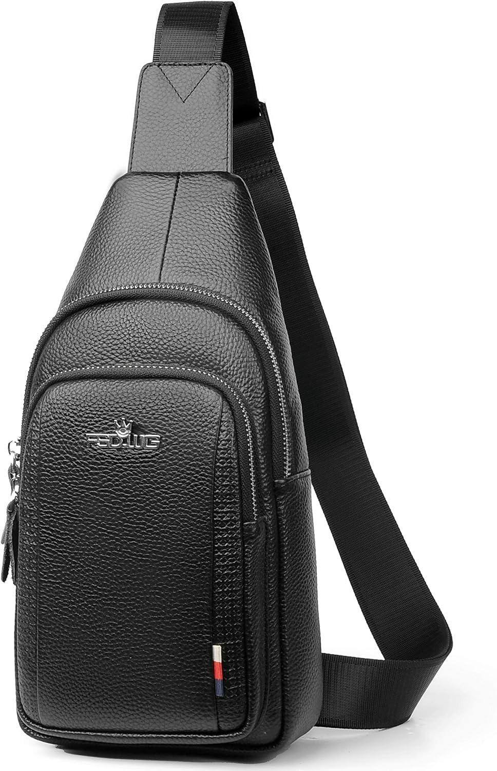 Men's black leather crossbody chest bag with silver zippers by FR Fashion Co.