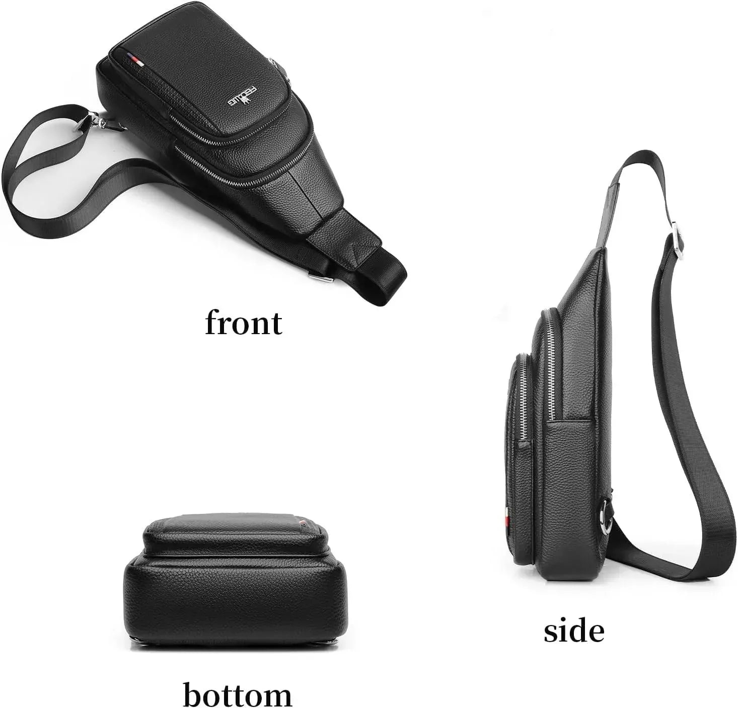 Men's black leather crossbody chest bag with silver zippers and adjustable strap by FR Fashion Co.