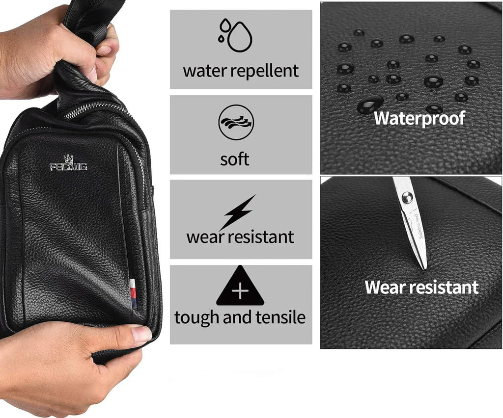 Men's black leather crossbody chest bag, water repellent and wear resistant, FR Fashion Co.