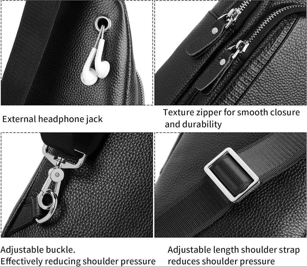 Men's black leather crossbody chest bag with adjustable strap and silver hardware by FR Fashion Co.