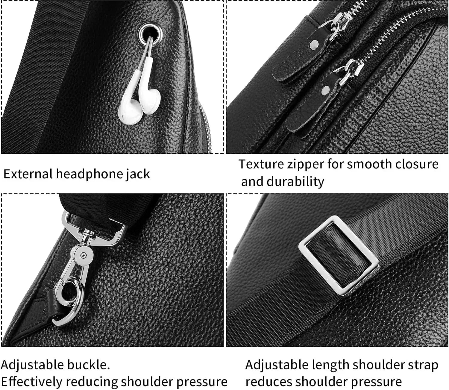 Men's black leather crossbody chest bag with adjustable strap and silver hardware by FR Fashion Co.