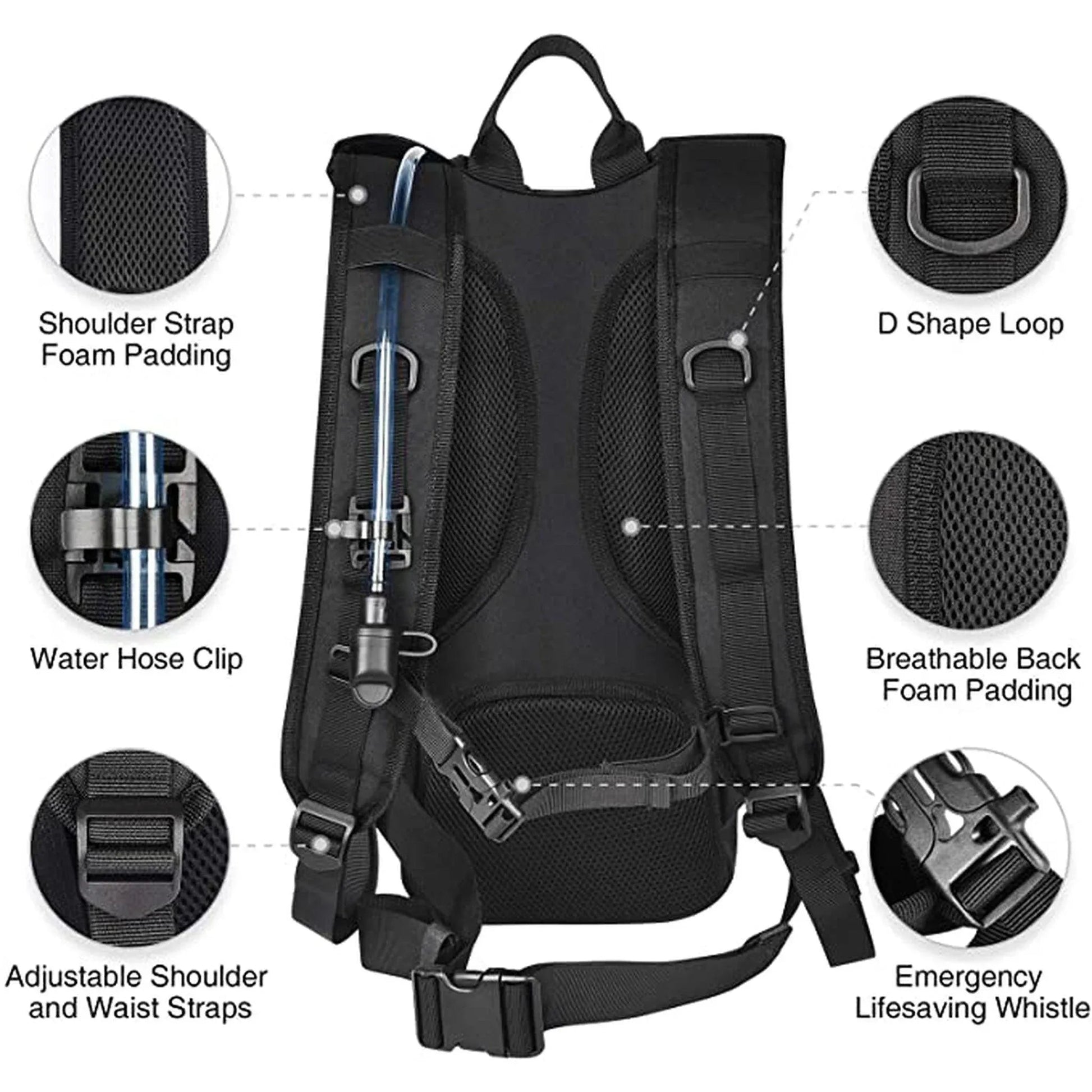 Men's black nylon tactical hydration backpack with mesh padding and adjustable straps by FR Fashion Co.