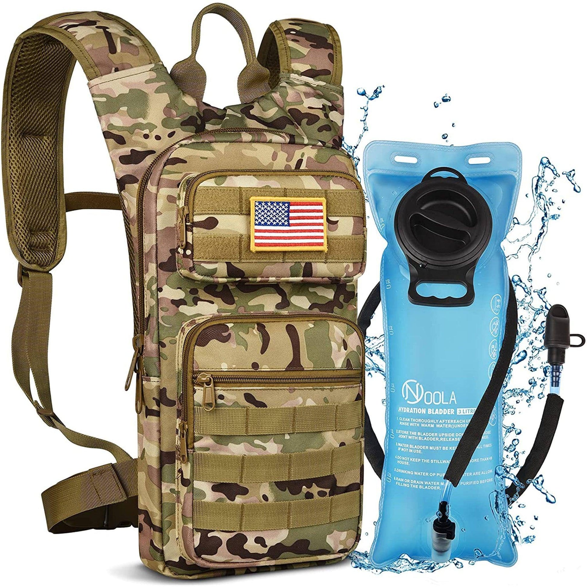 Men's camouflage nylon MOLLE tactical hydration backpack with American flag patch by FR Fashion Co.
