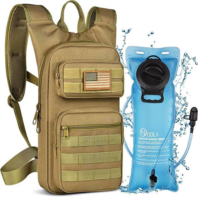 Men's tan MOLLE tactical hydration backpack with American flag patch, nylon, FR Fashion Co.