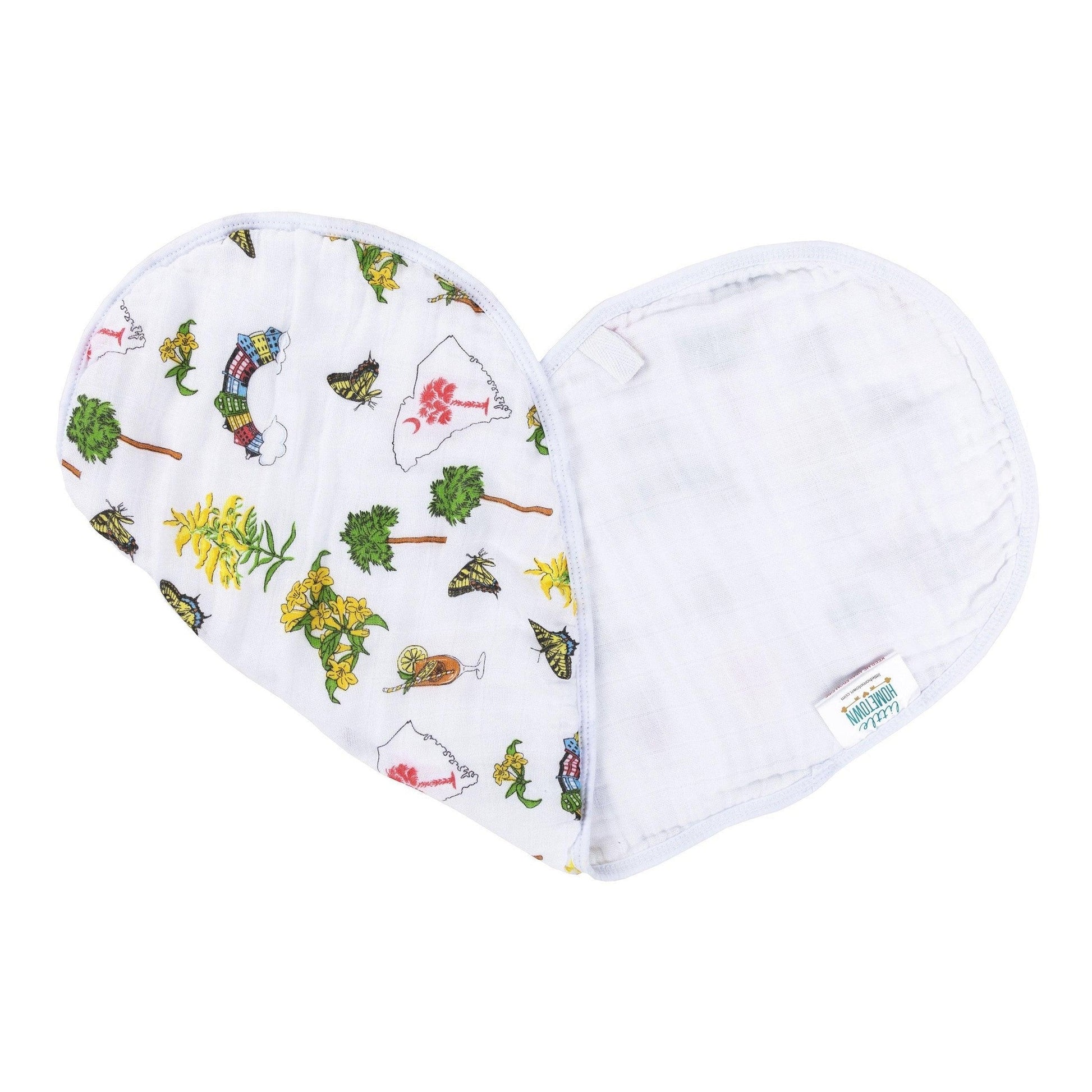 South Carolina-themed baby gift set with muslin swaddle blanket and burp cloth, featuring state icons and text.