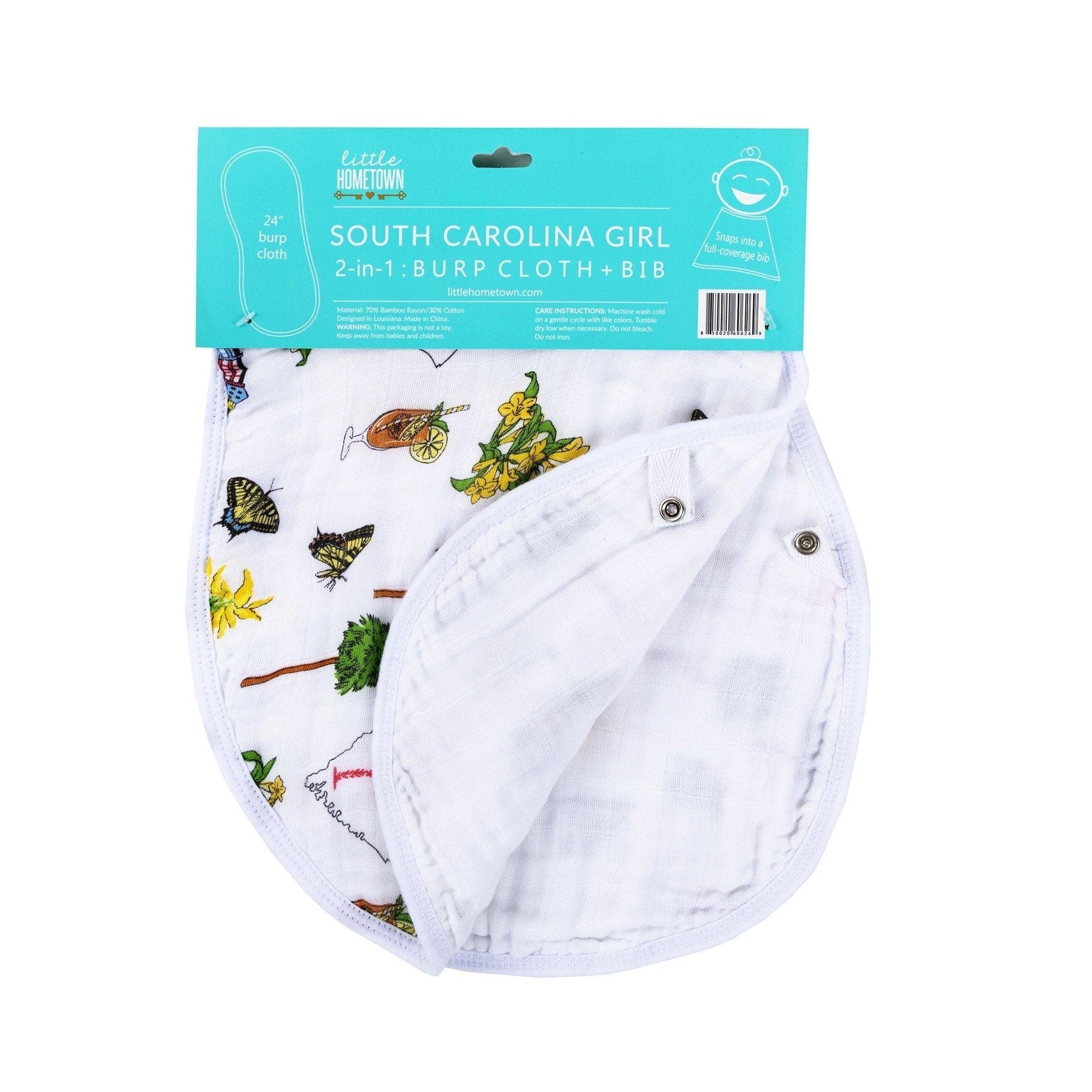 South Carolina-themed baby gift set with muslin swaddle blanket and burp cloth, featuring state icons and text.