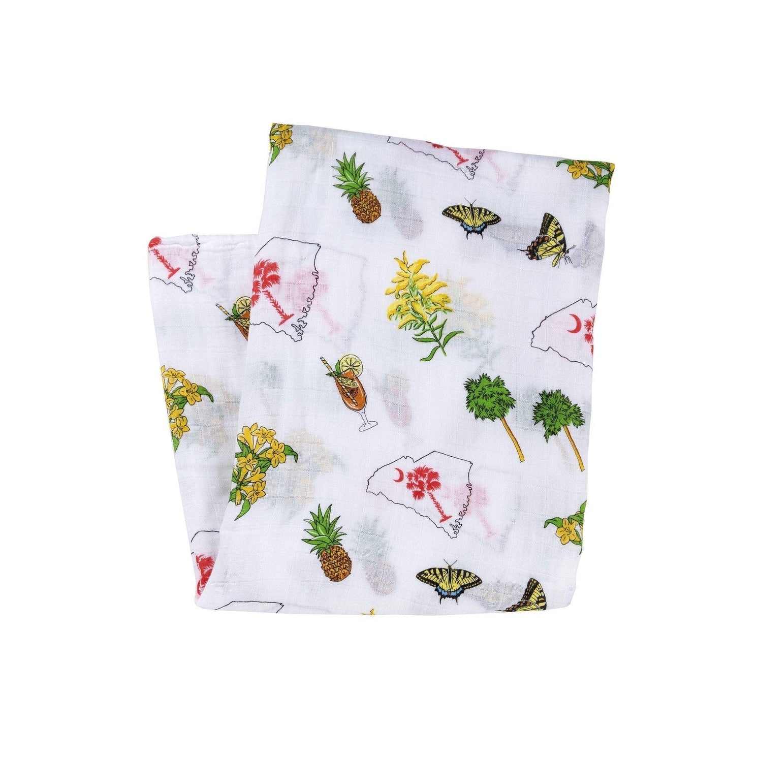 South Carolina-themed baby gift set with muslin swaddle blanket and burp cloth/bib combo, featuring state icons.