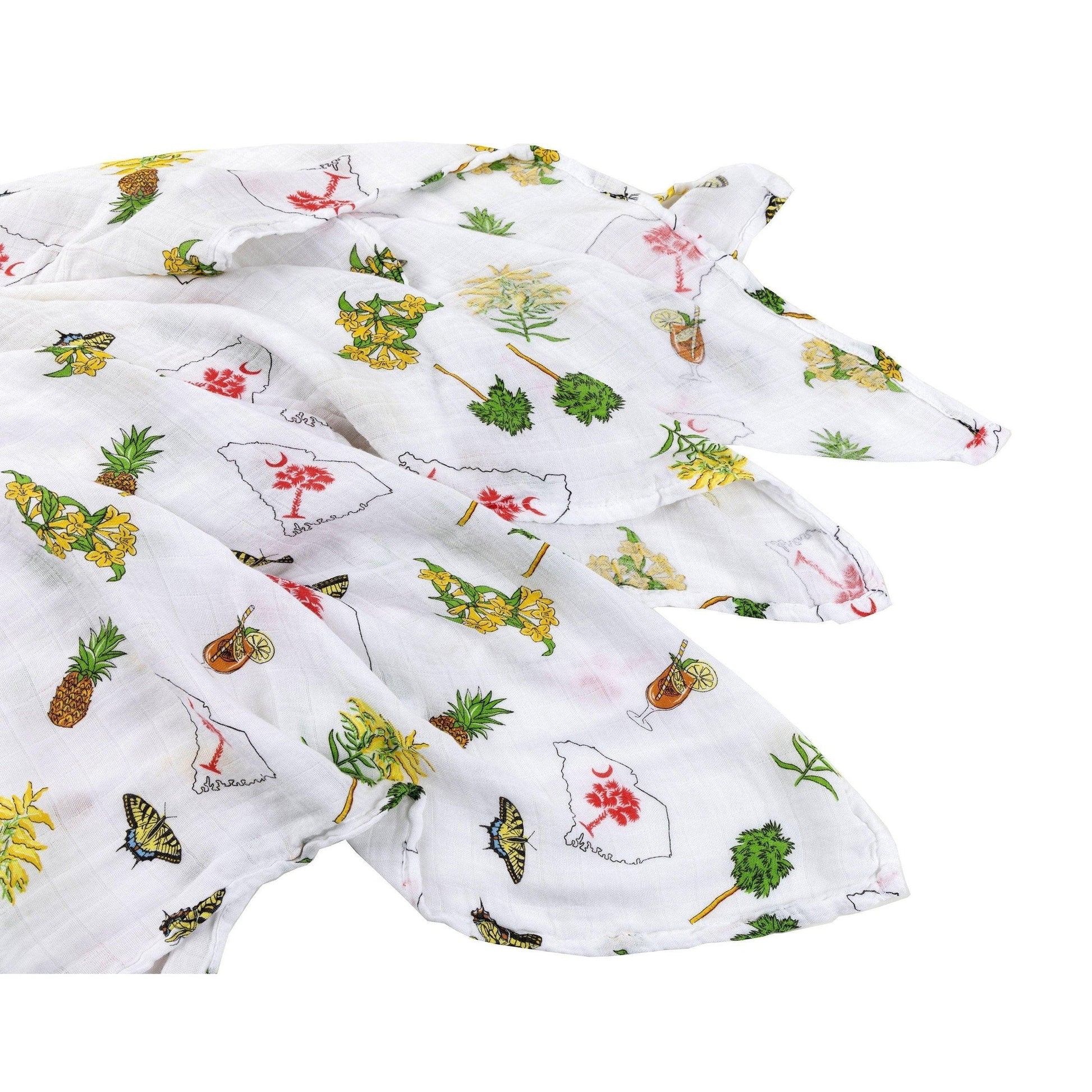 South Carolina-themed baby gift set with muslin swaddle blanket and burp cloth, featuring state icons and text.
