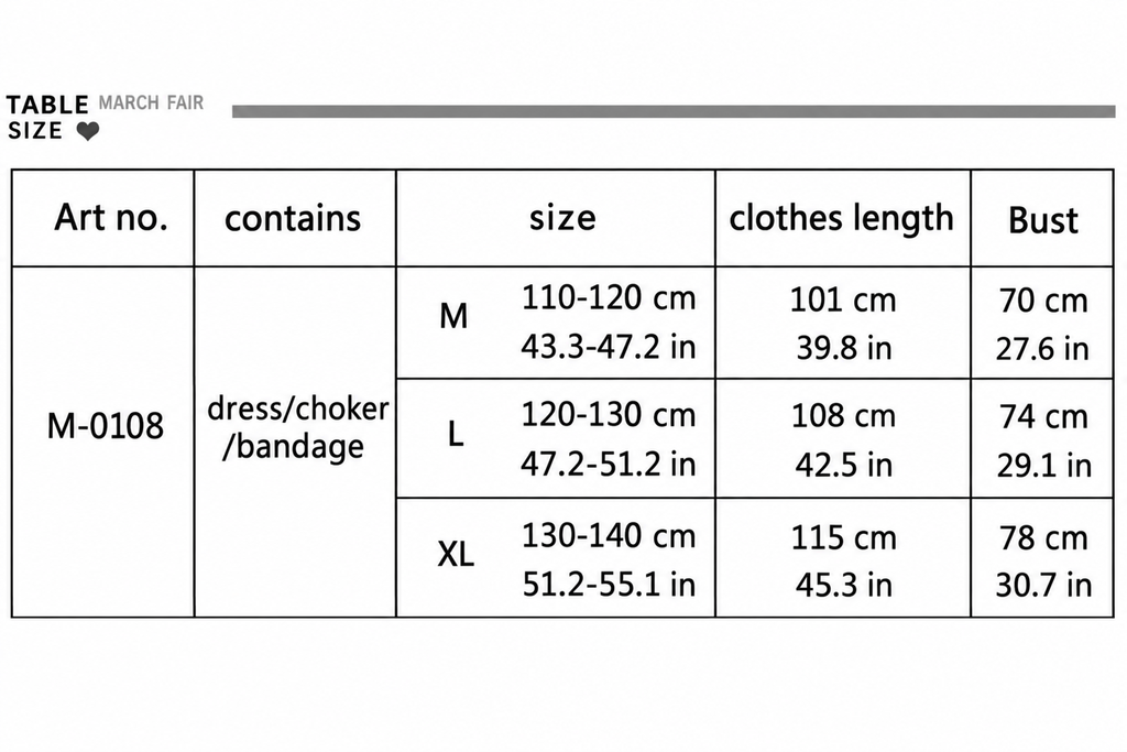 Kids costume size chart showing height, clothes length, and bust in centimeters and inches