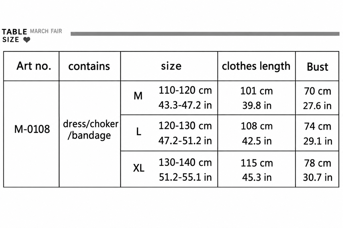 Kids costume size chart showing height, clothes length, and bust in centimeters and inches