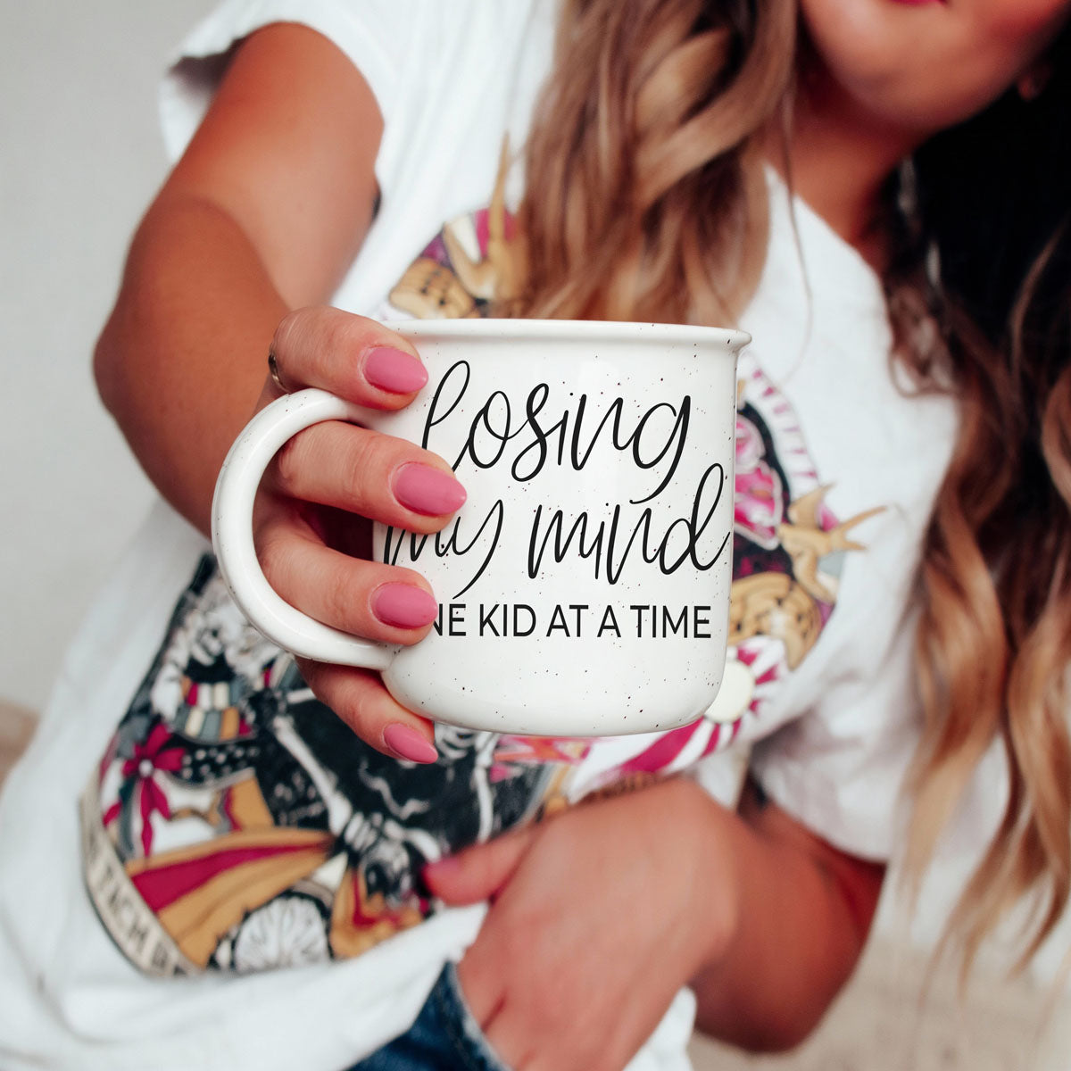 microwave safe losing my mind ceramic mug
dishwasher safe losing my mind coffee cup
relatable mom life losing my mind mug
coffee mug for moms juggling kids and chaos
farmhouse style losing my mind one kid at a time mug
aesthetic neutral mom coffee mug with script quote