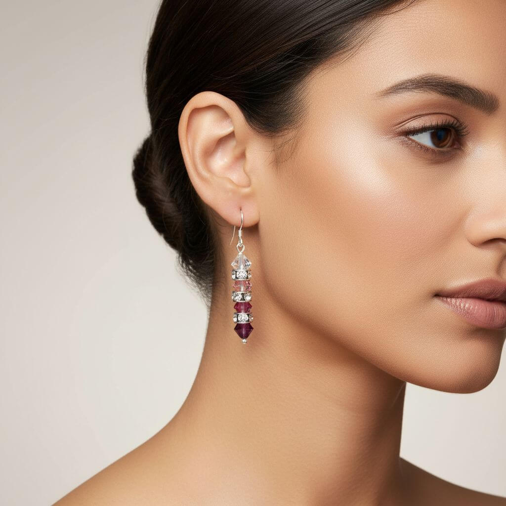 Hot Pink Ombre Stacked Crystal Sterling Silver Earrings