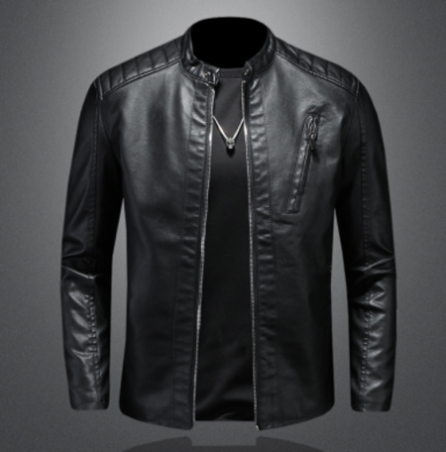 Men's Slim Fit Stand-Up Collar Leather Motorcycle Jacket - # BOAA13210026