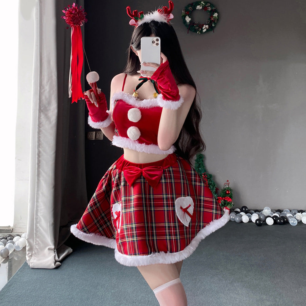 Mischievous Santa Dress Mrs Claus Costume Christmas Plaid Skirt Set by Amorino