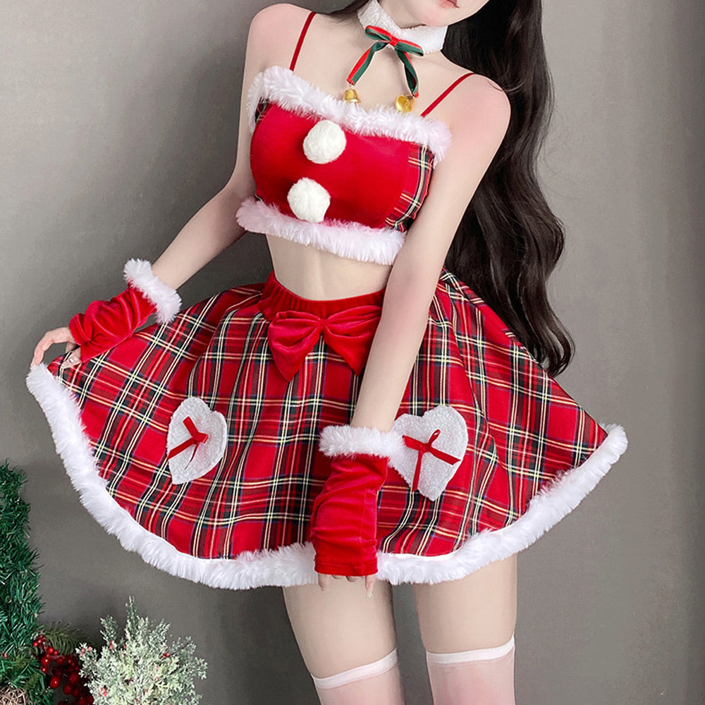 Mischievous Santa Dress Mrs Claus Costume Christmas Plaid Skirt Set by Amorino