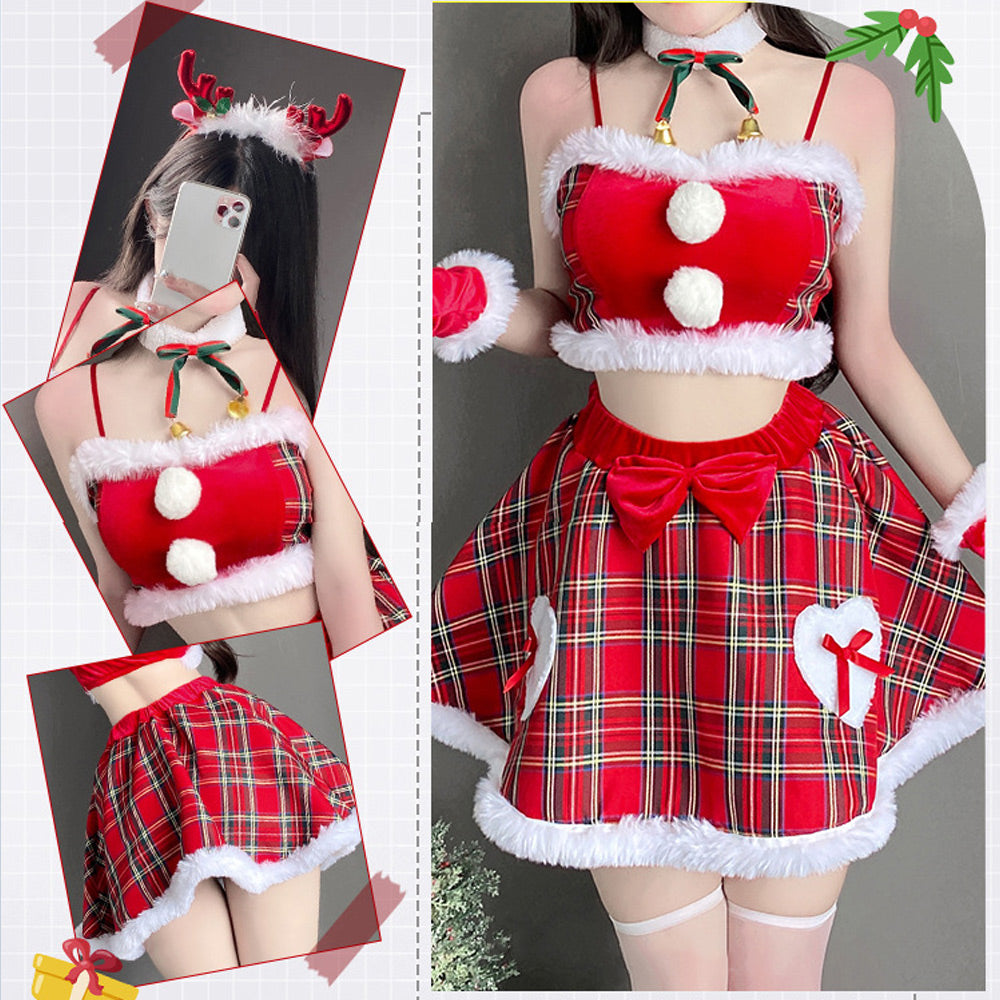 Mischievous Santa Dress Mrs Claus Costume Christmas Plaid Skirt Set by Amorino
