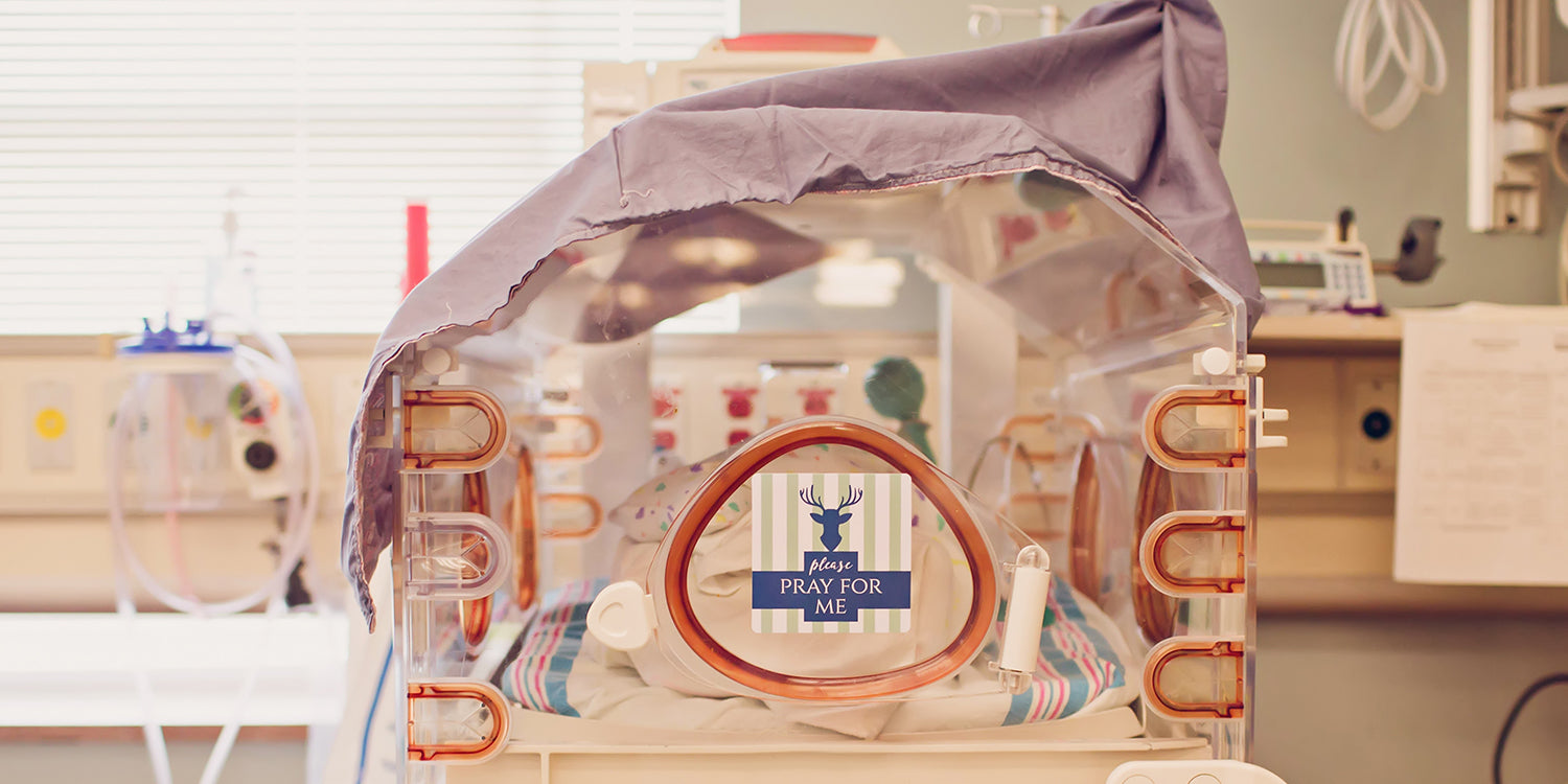 NICU Neonatal isolette photo. Please pray for NICU preemie baby. Three Little Tots NICU milestone cards celebrate 
