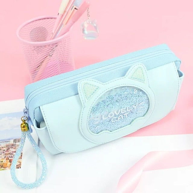 Kawaii Cat Blue Pencil Bag