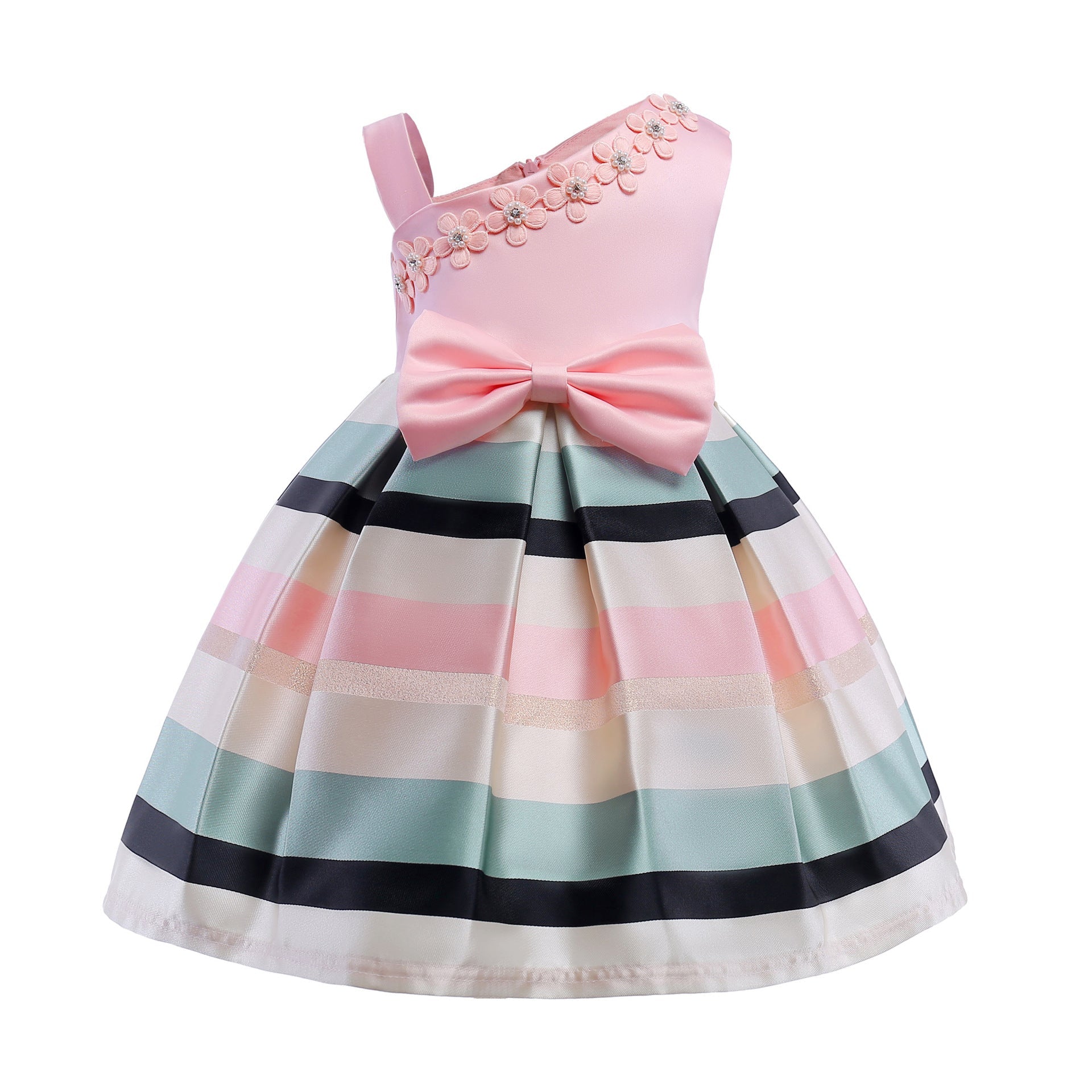 Baby Girl Floral Patched Pattern Striped Tutu Princess Dress One Shoulder Dress, MyKids-USA®, Baby & Toddler Dresses, MyKids-USA - Size/Age - 100 (2-3Y) - Color - Light Pink -  -  - JM2206102124-B