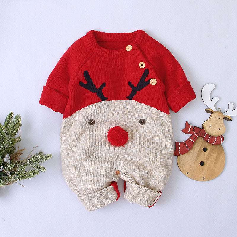 Baby Cartton Pattern Contrast Design Side Button Christmas Knitted Romper, MyKids-USA®, Baby One-Pieces, MyKids-USA -  -  -  -  -  -  - 