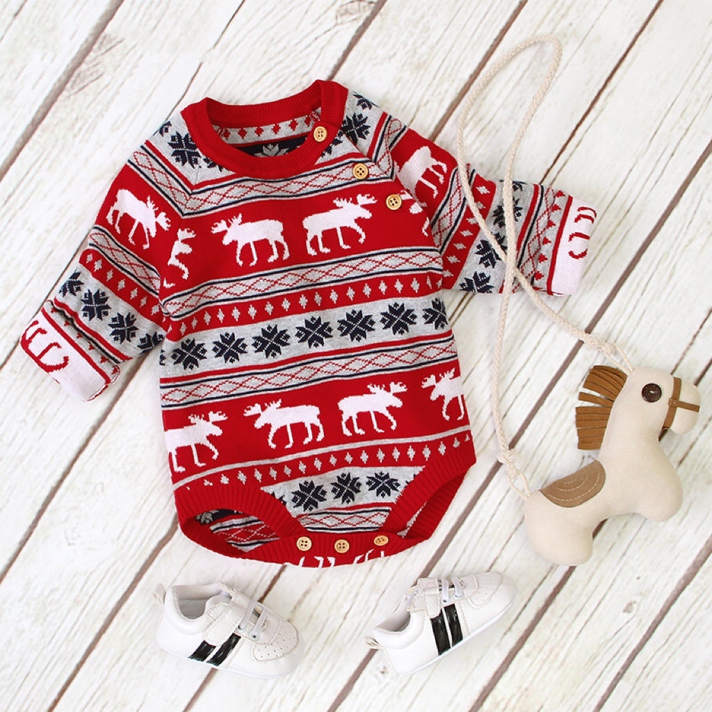 Baby Christmas Deer Pattern Shoulder Button Design Long Sleeved Onesies, MyKids-USA®, Baby One-Pieces, MyKids-USA - Size/Age - 73 (6-9M) - Color - Red -  -  - JM2206111947-B