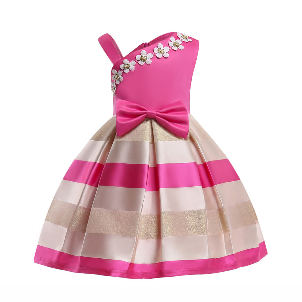 Baby Girl Floral Patched Pattern Striped Tutu Princess Dress One Shoulder Dress, MyKids-USA®, Baby & Toddler Dresses, MyKids-USA - Size/Age - 100 (2-3Y) - Color - Pink -  -  - JM2206102124-A