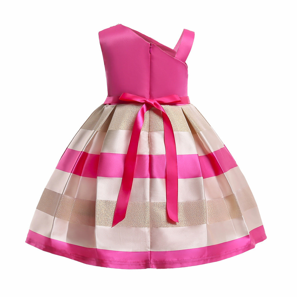 Baby Girl Floral Patched Pattern Striped Tutu Princess Dress One Shoulder Dress, MyKids-USA®, Baby & Toddler Dresses, MyKids-USA -  -  -  -  -  -  - 