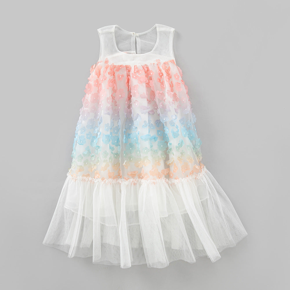 Baby Girl Colorful Flower Patched Design Sleeveless Mesh Dress, MyKids-USA®, Baby & Toddler Dresses, MyKids-USA - Size/Age - 90 (12-24M) - Color - White -  -  - JM2305141316