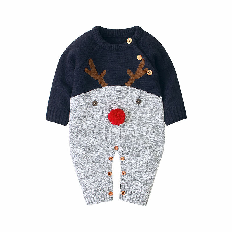 Baby Cartton Pattern Contrast Design Side Button Christmas Knitted Romper, MyKids-USA®, Baby One-Pieces, MyKids-USA - Size/Age - 73 (6-9M) - Color - Navy Blue -  -  - JM2205231824-A