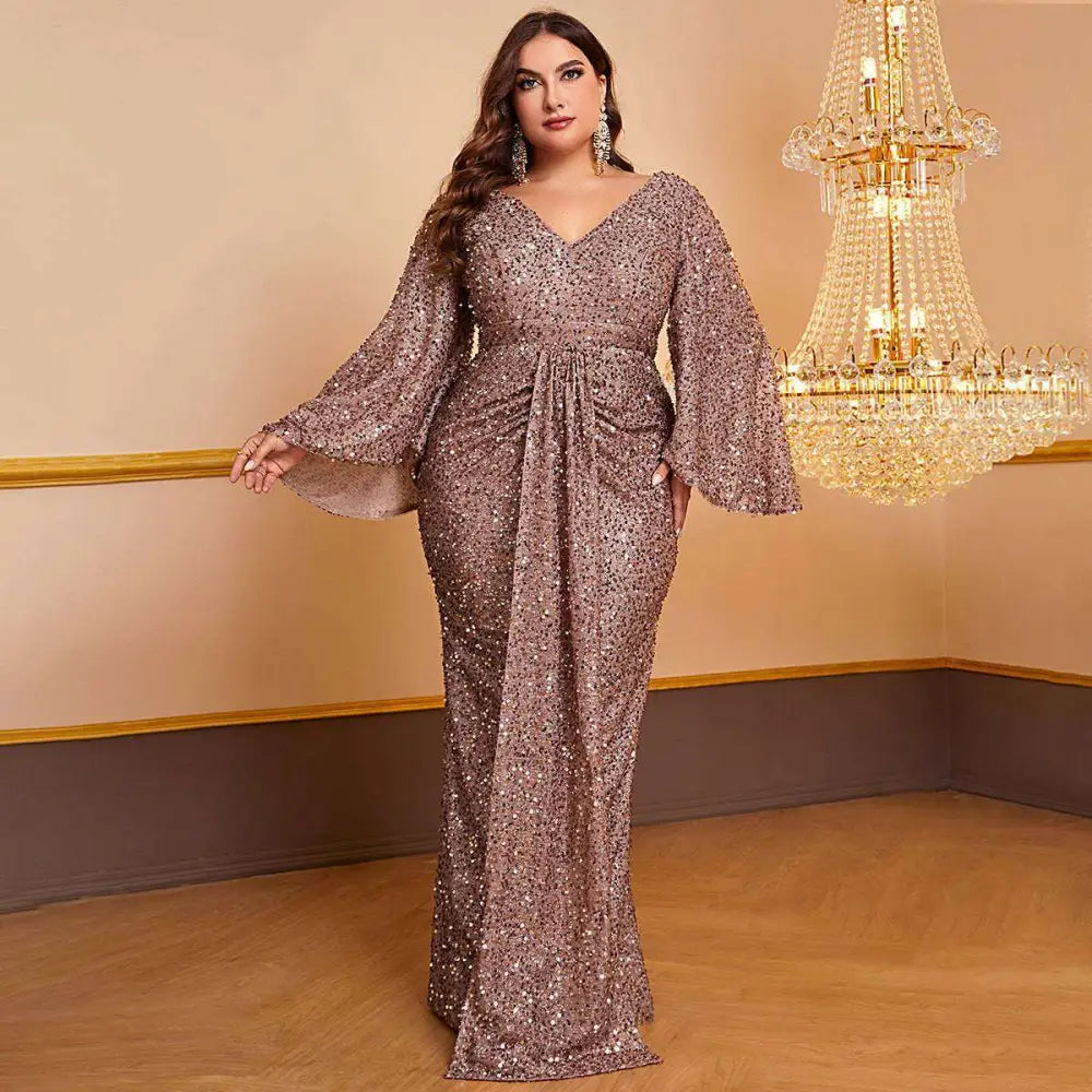 Rose Gold V-Neck Sequin Long Sleeved Pleated Dress