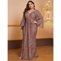 Rose Gold V-Neck Sequin Long Sleeved Pleated Dress
