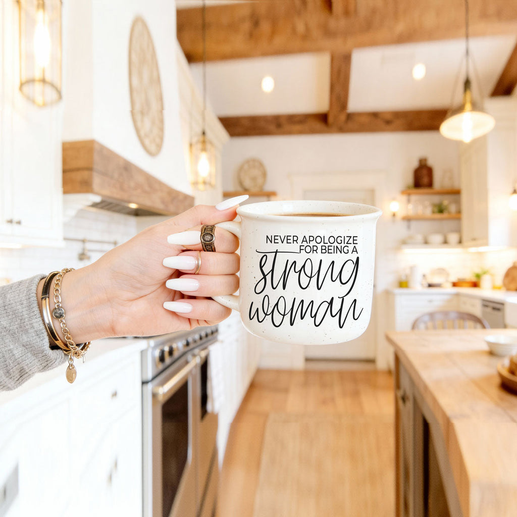 empowerment mug for women supporting women
motivational quote mug for therapy or self care days
strong woman mug styled on desk with notebook
empowering ceramic cup for everyday coffee routine