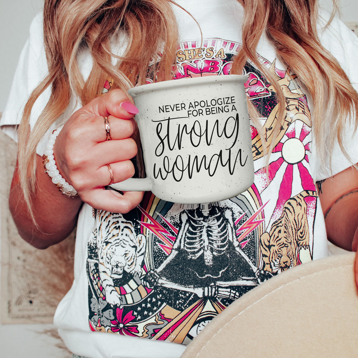 minimalist style strong woman quote mug
empowering mug for women balancing work and family
coffee cup with message about unapologetic strength
strong woman mug used as gift in wrapped box photo
motivational mug perfect for women’s empowerment events
neutral aesthetic mug with empowering script quote
strong woman coffee cup on home office desk