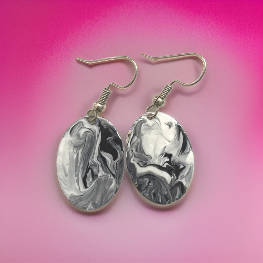 Black & White Hand Painted Marbleized Mini Oval Earrings by The Urban Charm