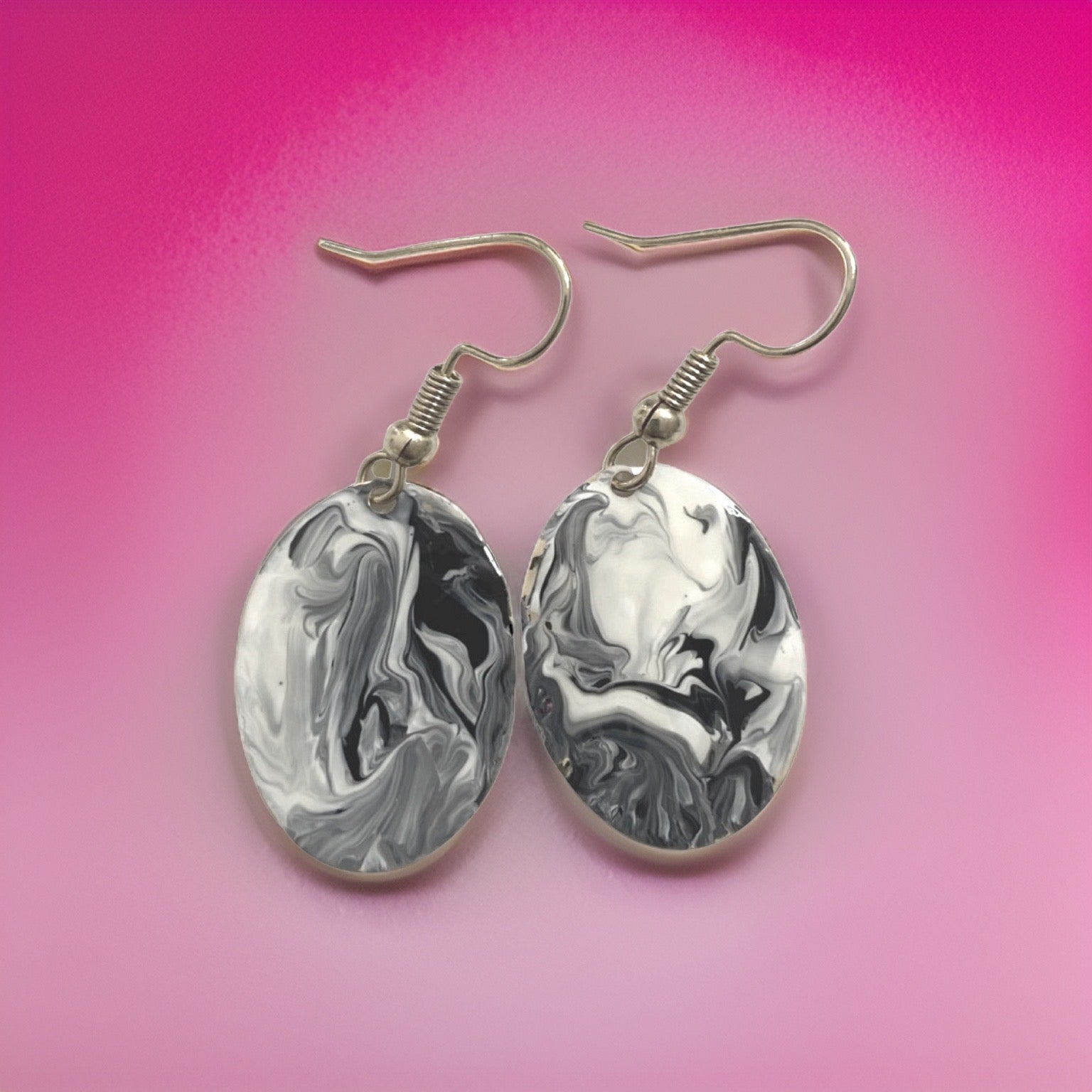 Black & White Hand Painted Marbleized Mini Oval Earrings by The Urban Charm