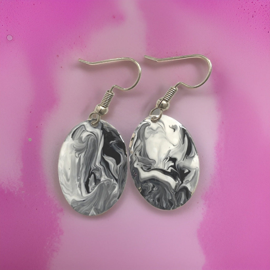 Black & White Hand Painted Marbleized Mini Oval Earrings by The Urban Charm