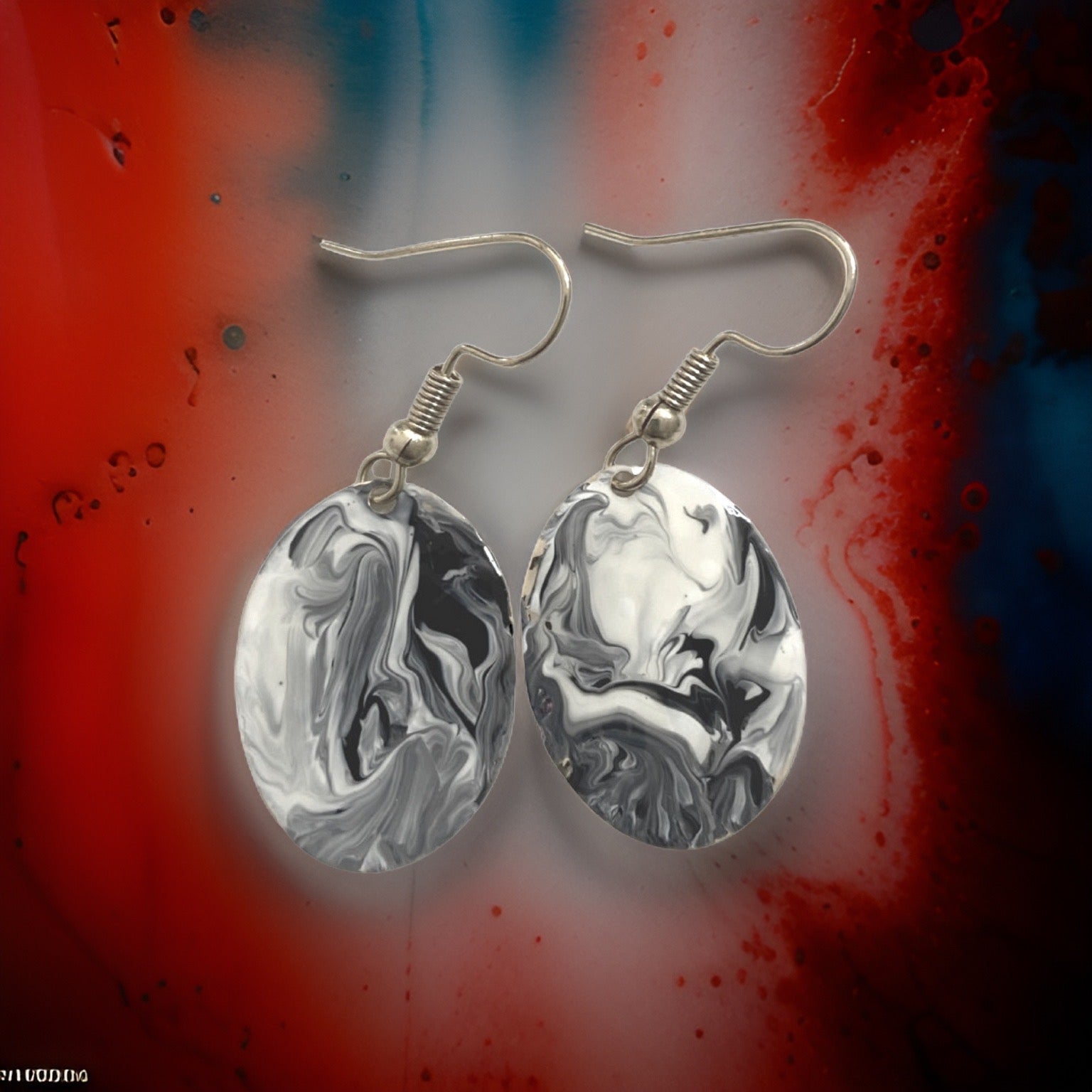 Black & White Hand Painted Marbleized Mini Oval Earrings by The Urban Charm