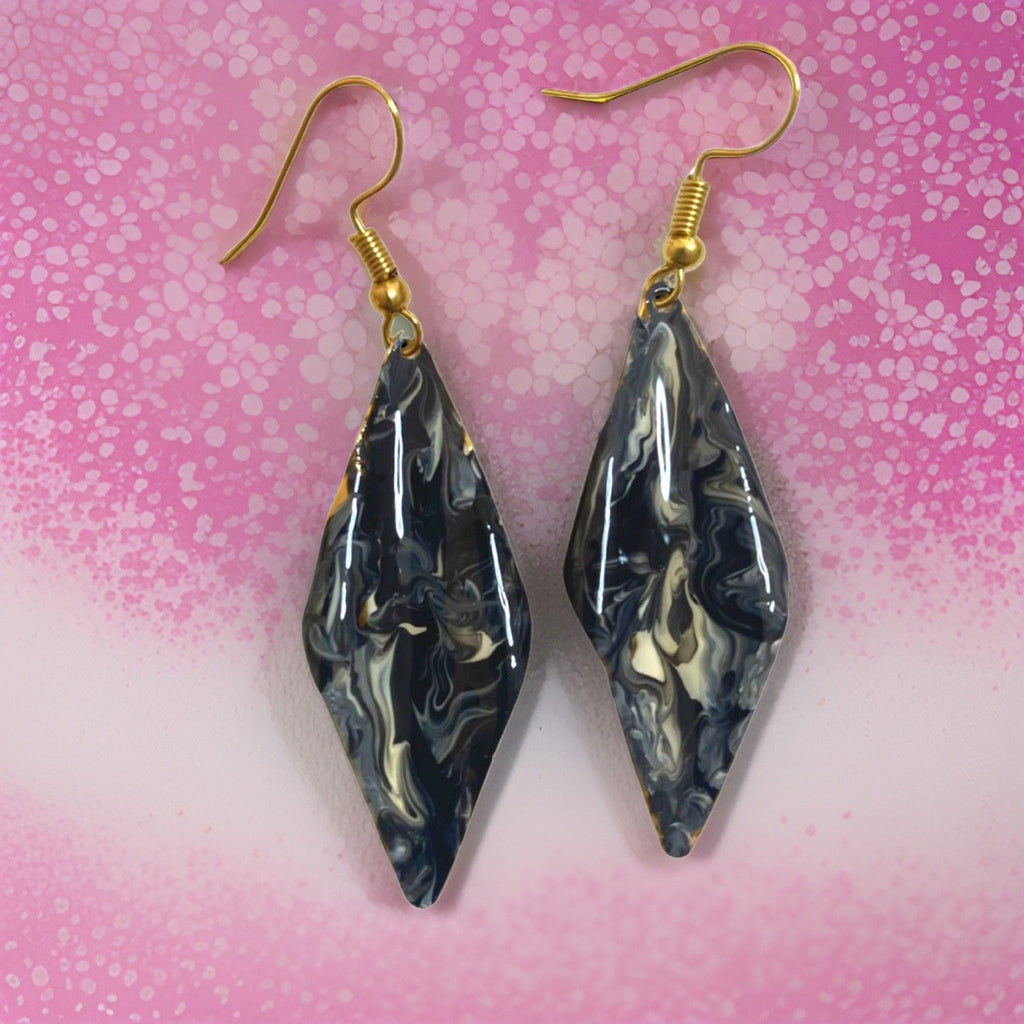 Hand Painted Black & White Marbleized Hammered Wavy Dangle Earrings by The Urban Charm