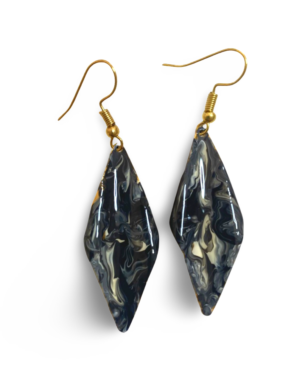 Hand Painted Black & White Marbleized Hammered Wavy Dangle Earrings by The Urban Charm