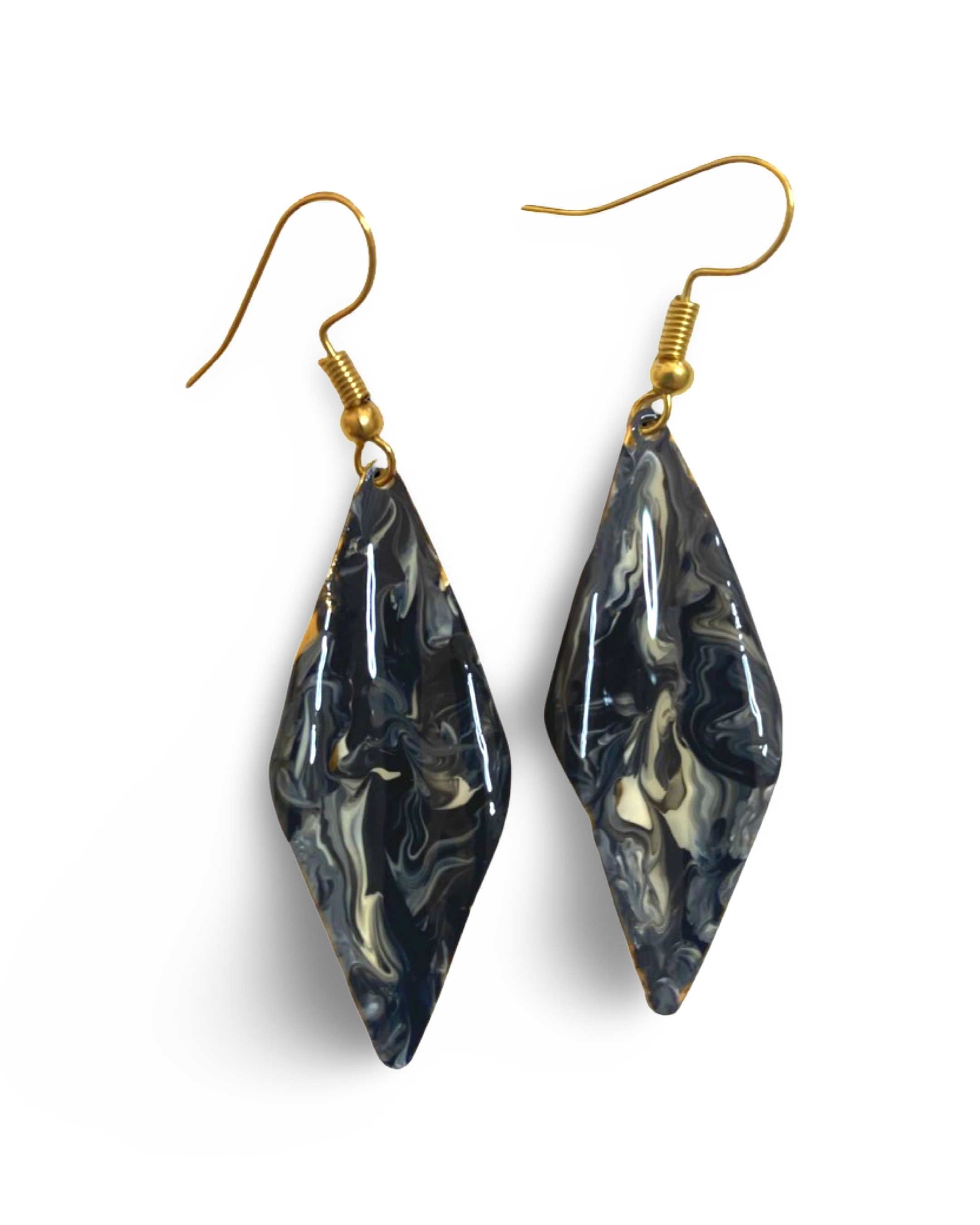 Hand Painted Black & White Marbleized Hammered Wavy Dangle Earrings by The Urban Charm