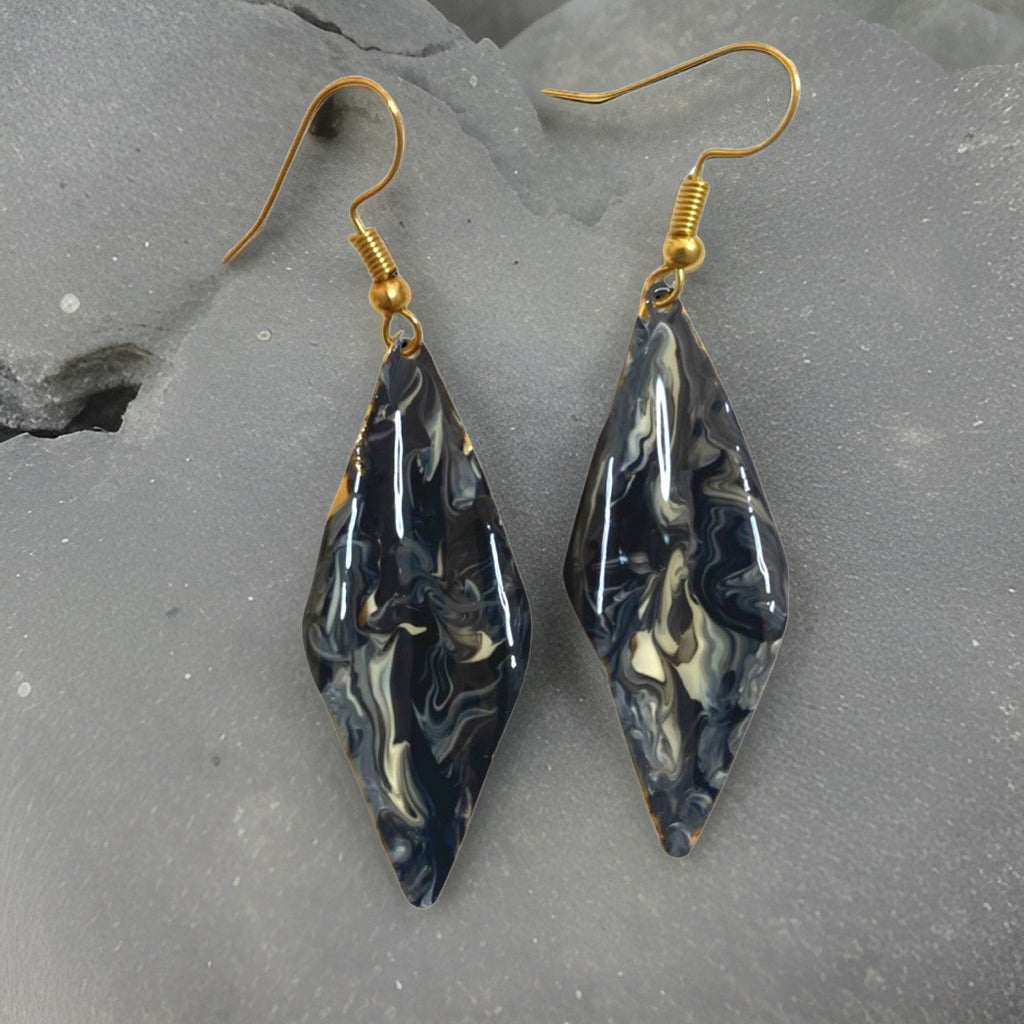 Hand Painted Black & White Marbleized Hammered Wavy Dangle Earrings by The Urban Charm