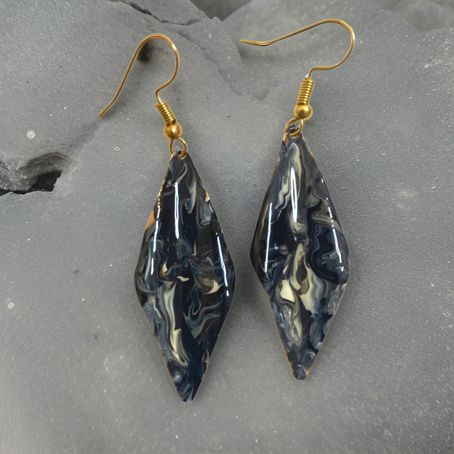 Hand Painted Black & White Marbleized Hammered Wavy Dangle Earrings by The Urban Charm